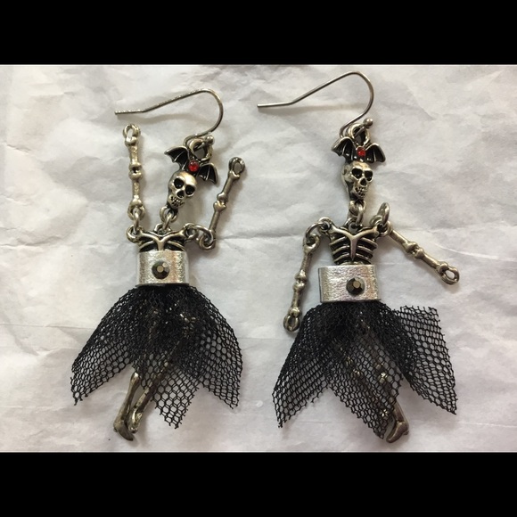 Bat and Skeleton Wearing Dress Dangle Earrings - Picture 4 of 8